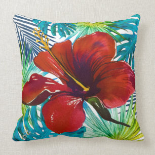 Coussin Plage de verdure Turquoise de l'Hibiscus rouge tro