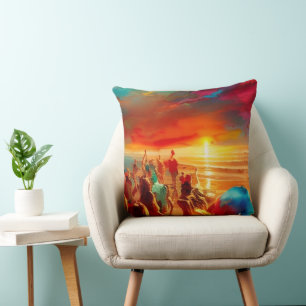 Coussin Plage foule or rouge bleu turquoise moderne abstra