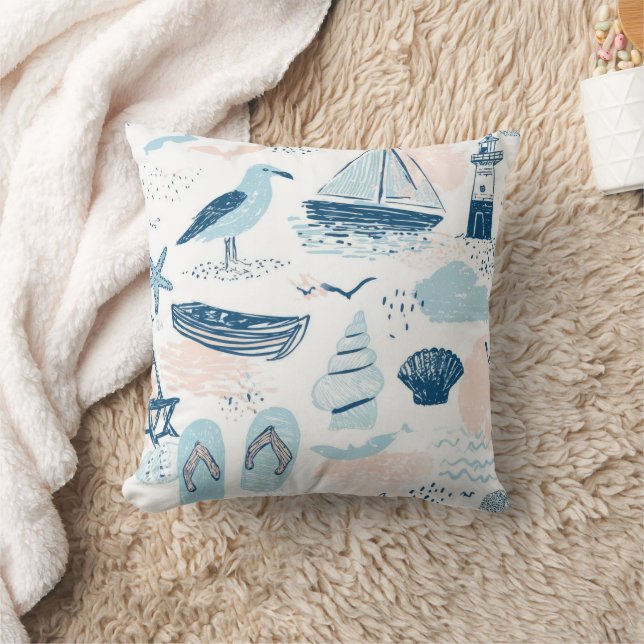 Coussin Plage nautique été bleu rose côtier (2) (Couverture)