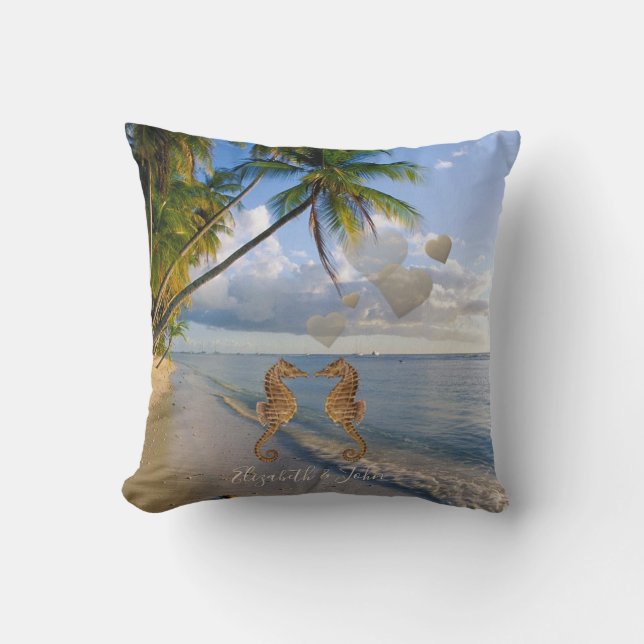 Coussin Plage, Palmier, Chevaux De Mer En Amour -Personnal (Recto)
