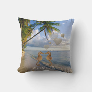 Coussin Plage,Palmiers,Hippocampes en Amour -Personnalisé