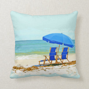 Coussin Plage, parapluie, océan et chaises