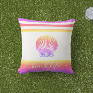 Coussin Plage scénario de vie jaune rose ombre coquillage 