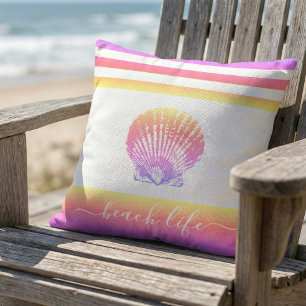 Coussin Plage scénario de vie jaune rose ombre coquillage