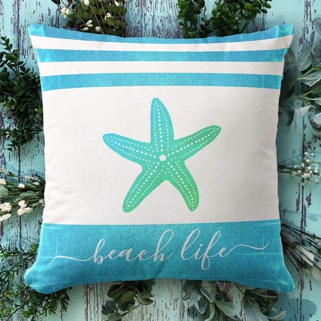 Coussin Plage script de vie bleu turquoise étoile de mer v (Créateur téléchargé)