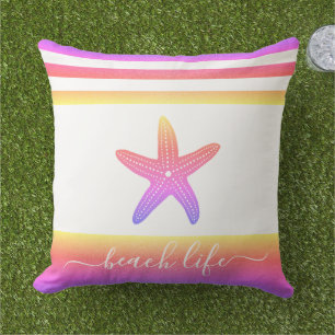 Coussin Plage script de vie violet jaune ombre étoile
