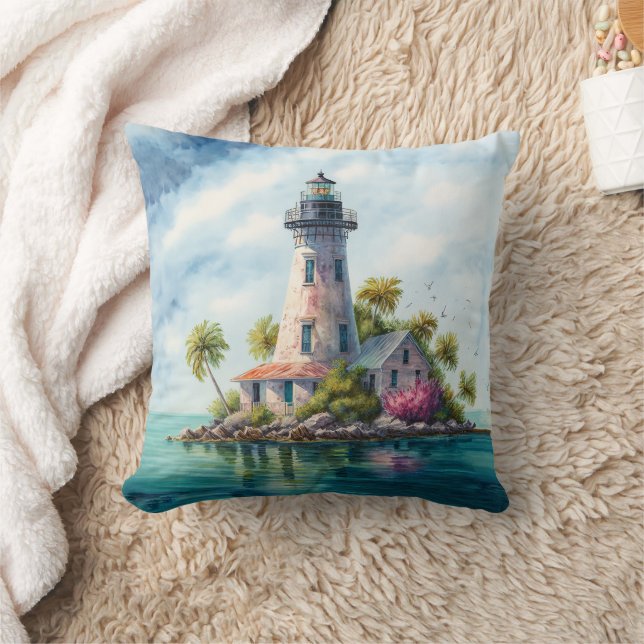 Coussin Plage tropicale aux palmiers et phare  (Couverture)