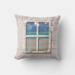 Coussin Plage Tropicale Fenêtre Bois Blanc Élégant Chic
