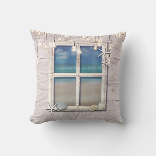 Coussin Plage Tropicale Fenêtre Bois Blanc Élégant Chic (Recto)