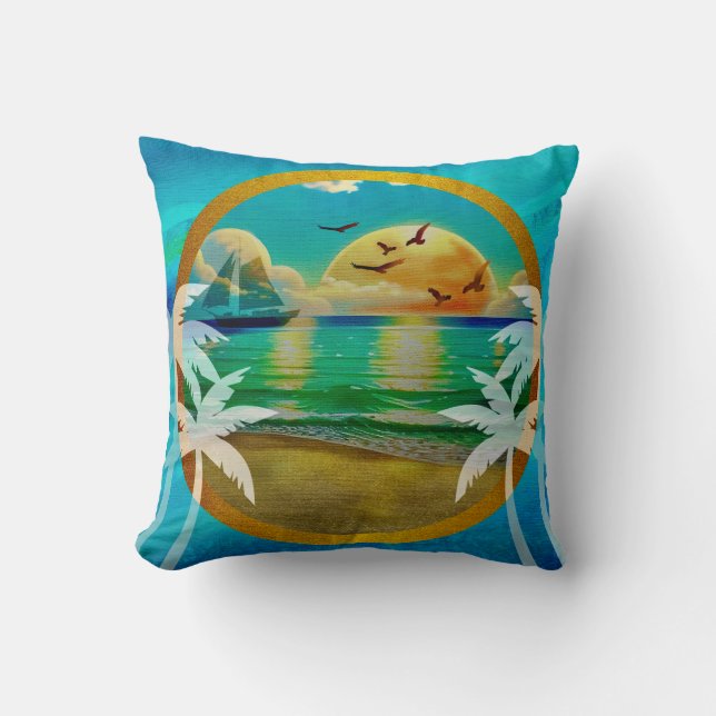 Coussin Plage Tropicale Moderne Palmiers Coucher de Soleil (Recto)