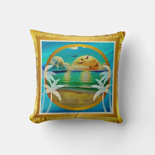 Coussin Plage Tropicale Moderne Palmiers Coucher de Soleil (Recto)