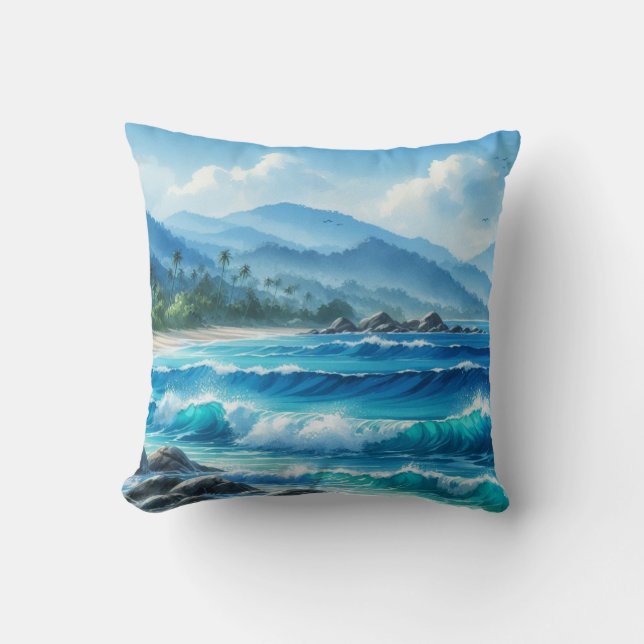 Coussin Plage tropicale Vagues océaniques Aquarelles (Recto)