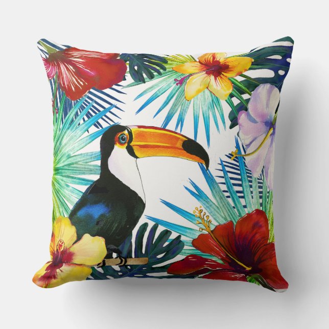 Coussin Plage Turquoise tropicale Toucan Jaune Rouge (Recto)
