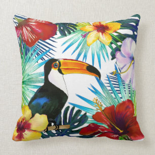 Coussin Plage Turquoise tropicale Toucan Jaune Rouge