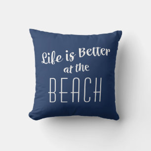 Coussin Plage Vie Mieux Cute Typographie Bleu Nautique