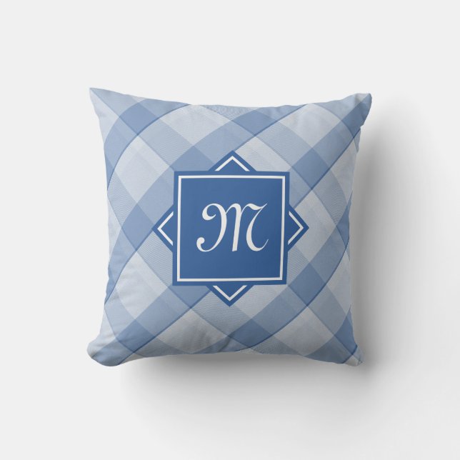 Coussin Plaid Bleu Chic Avec Monogramme Diagonal Moderne (Recto)