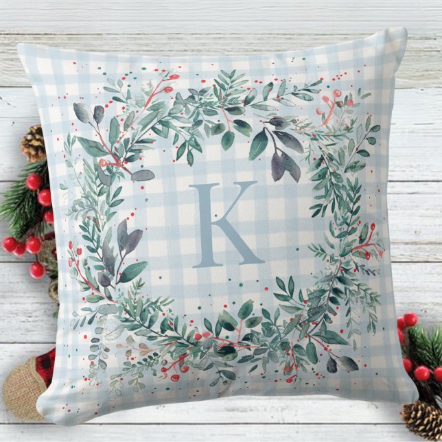 Coussin Plaid Blue Monogram Verdure couronne de Noël (Créateur téléchargé)