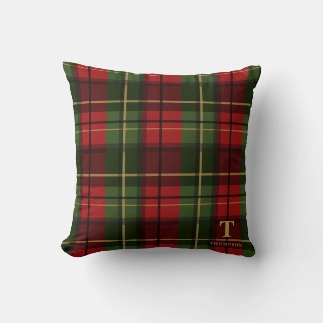 Coussin Plaid de Noël Rouge avec Monogramme et Nom de Fami (Recto)