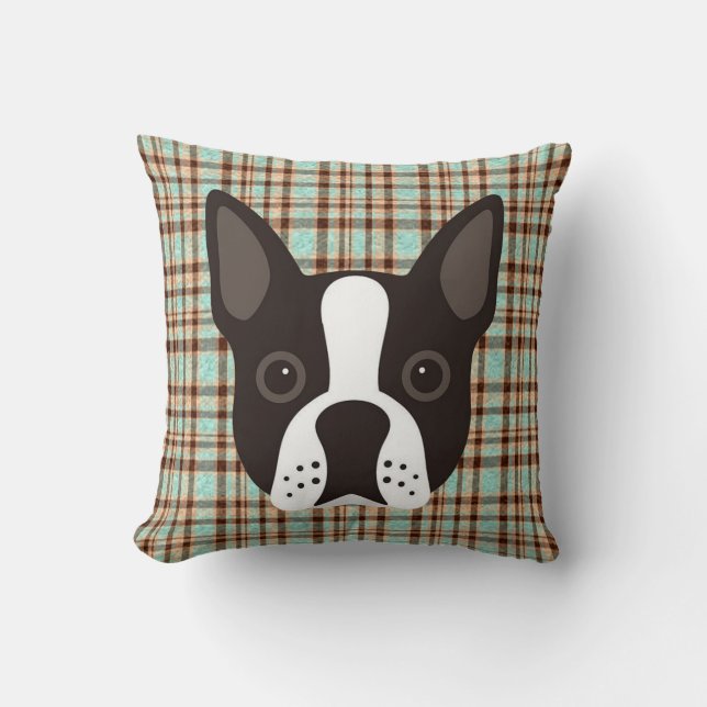 Coussin Plaid de tartan de chiot de Boston Terrier (Recto)
