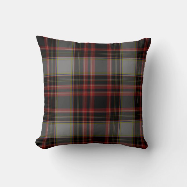 Coussin Plaid de tartan gris rouge noir d'or jaune (Recto)
