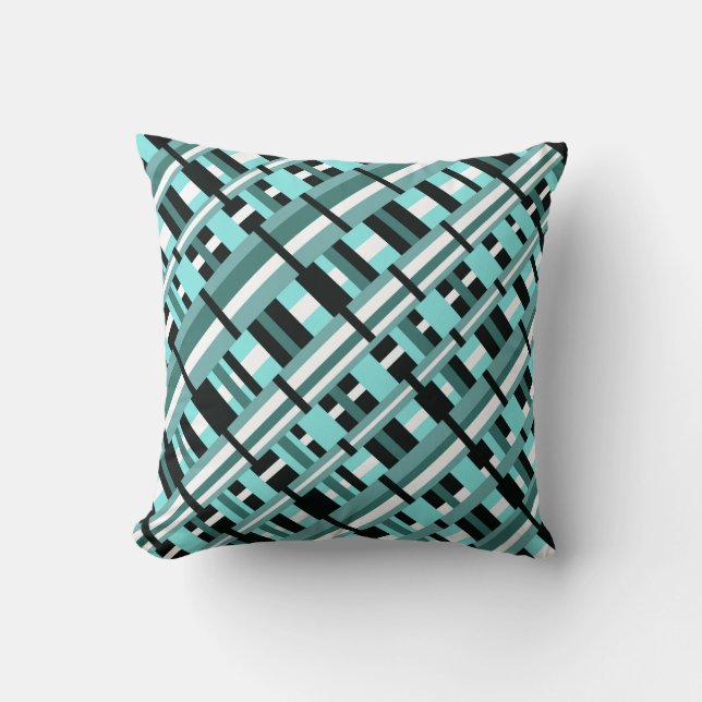 Coussin Plaid en Aqua, Turquoise, noir & blanc (Recto)
