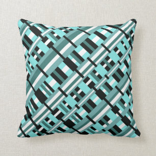 Coussin Plaid en Aqua, Turquoise, noir & blanc