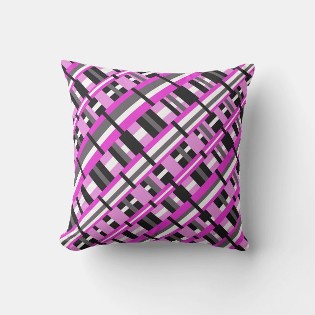 Coussin Plaid en diagonale rose, noir et gris (Recto)