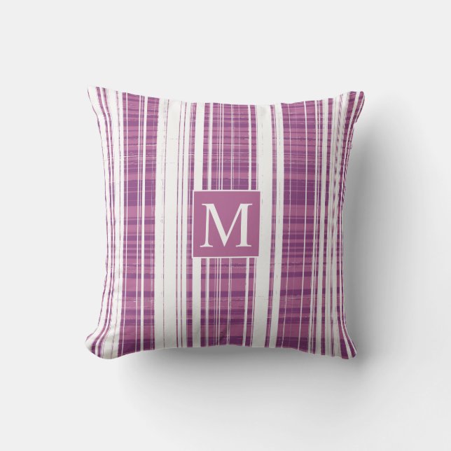 Coussin Plaid Motifs rayures Monogramme violet blanc (Recto)