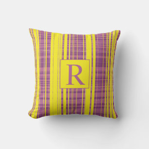 Coussin Plaid Motifs rayures Monogramme violet jaune