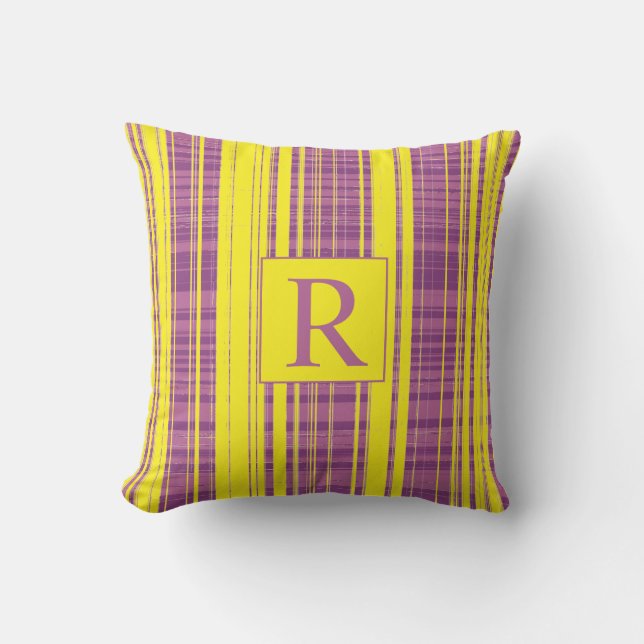 Coussin Plaid Motifs rayures Monogramme violet jaune (Recto)