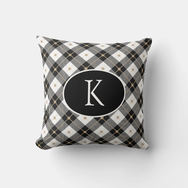 Coussin Plaid noir blanc or personnalisé avec monogramme (Recto)