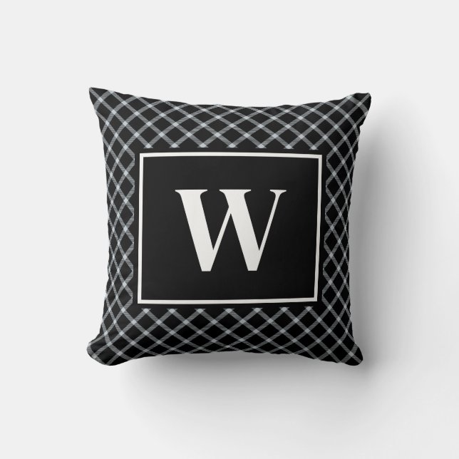 Coussin Plaid Noir et Blanc Rustique Monogramme (Recto)