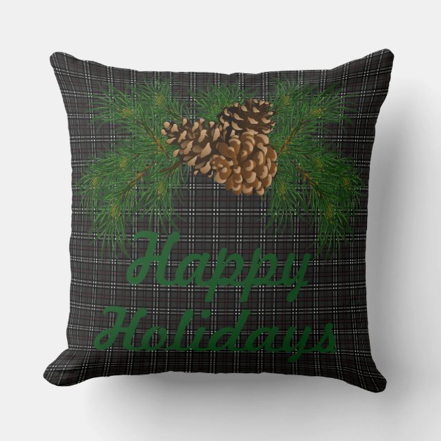 Coussin Plaid noir rustique, cône de pin, vacances heureus (Recto)