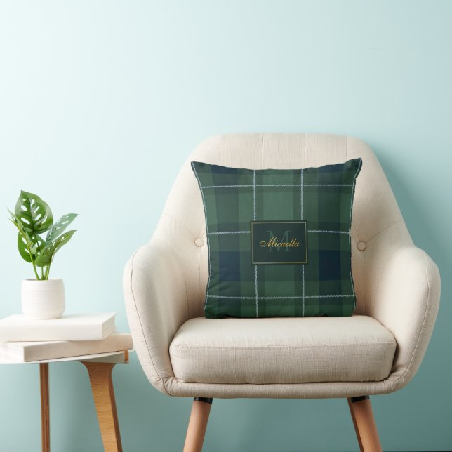 Coussin Plaid Polo Tartan Monogramme Vert Foncé Vintage (Chaise)