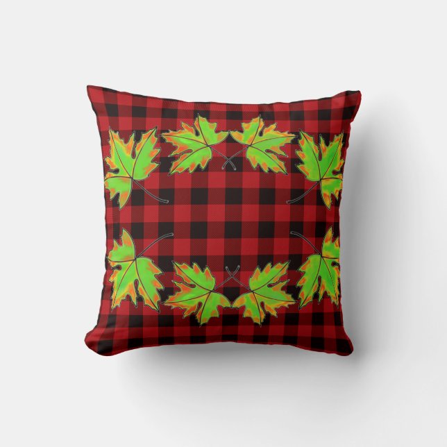 Coussin Plaid rouge avec Feuilles d'érable d'automne (Recto)