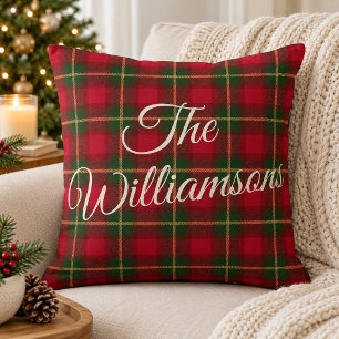 Coussin Plaid Rouge et Vert Traditionnel de Noël avec Nom 