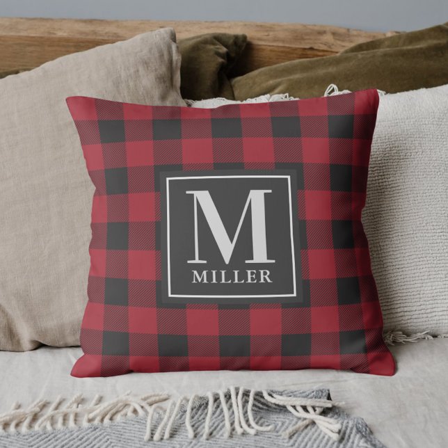 Coussin Plaid Rouge Fermier Monogramme Nom de Famille (Créateur téléchargé)