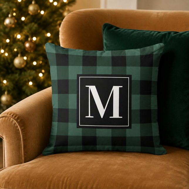 Coussin Plaid Rustique Monogramme Épinette Verte et Noir B (Créateur téléchargé)