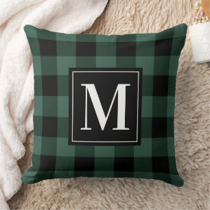 Coussin Plaid Rustique Monogramme Épinette Verte et Noir B