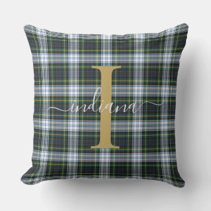 Coussin Plaid Tartan Monogramme Rustique Vert Anniversaire