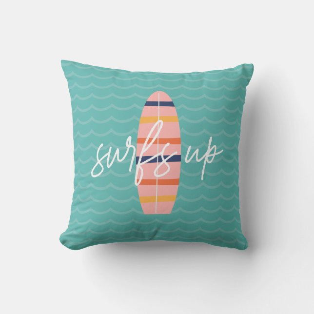 Coussin Planche de surf rose Surfs Up et vagues (Recto)