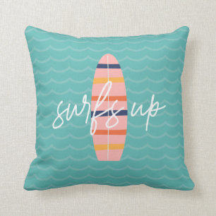 Coussin Planche de surf rose Surfs Up et vagues