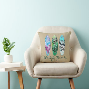 Coussin Planchers de surf aquarelle de Waikiki Beach Oahu 