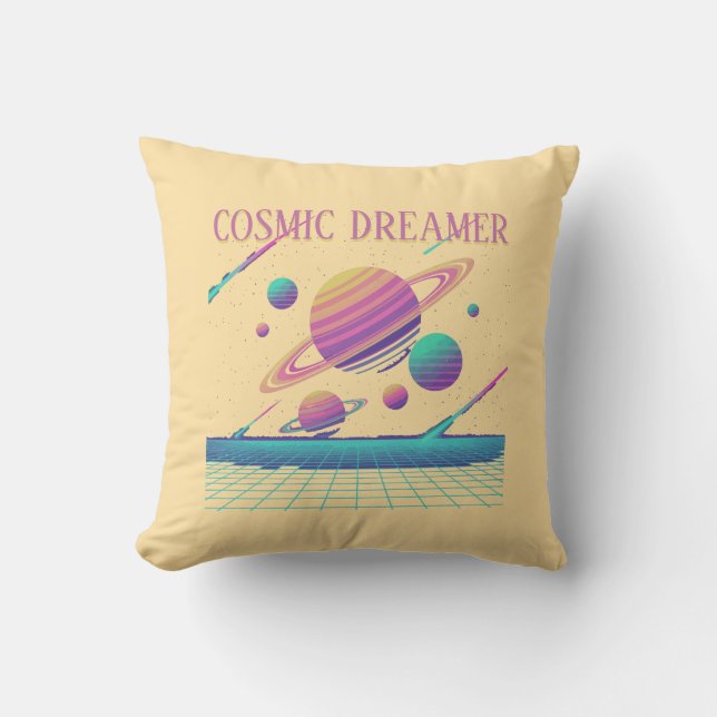 Coussin Planètes Rétro Vaporwave Synthwave (Recto)