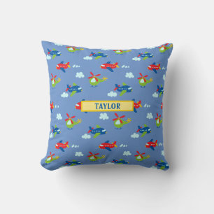 Coussin Plans, hélicoptères et nuages sur fond bleu, nom
