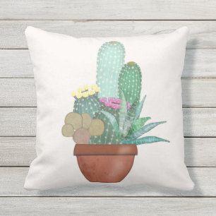 Coussin Plante de cactus à l'aquarelle Fleurs jaunes roses