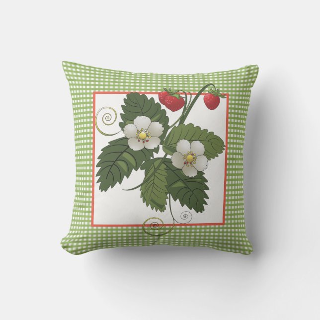 Coussin Plante de fraise avec bordure à carreaux verts (Recto)