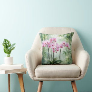 Coussin Plante d'orchidée rose sur fond de bambou