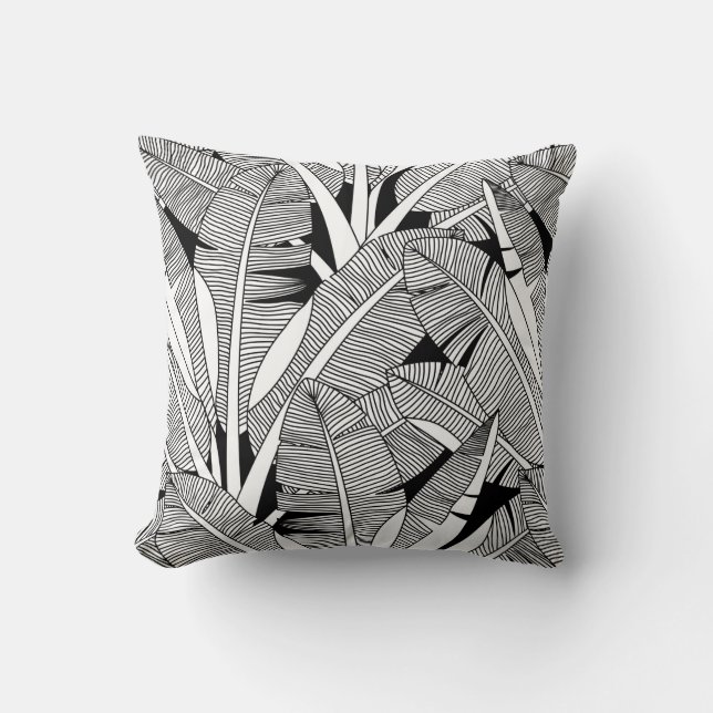 Coussin Plante exotique noir et blanc et botanique de palm (Recto)