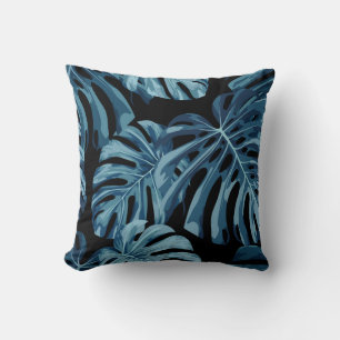 Coussin Plante Monstera : motif feuille bleu.